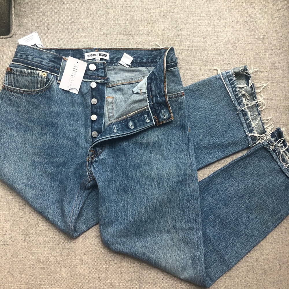 Re/Done Women's Distressed Blue High-Rise Button-Fly Jeans